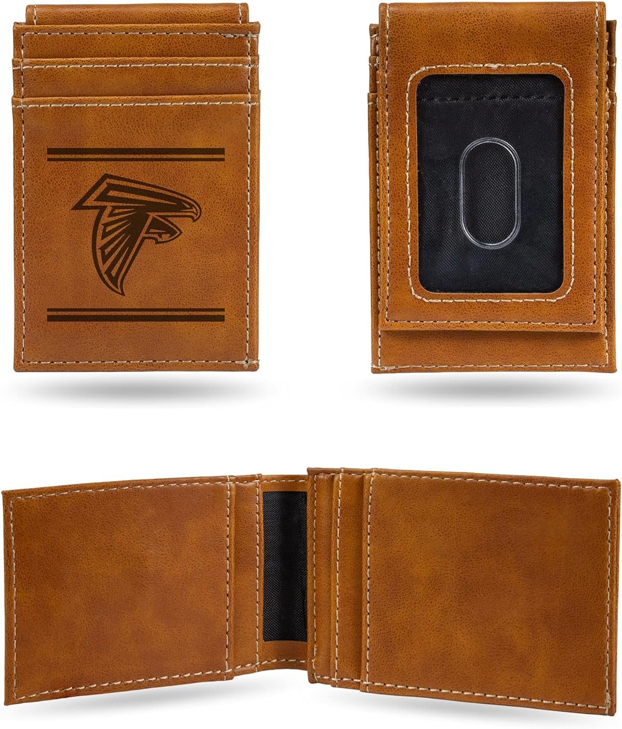 Rico Industries NFL Atlanta Falcons Premium Laser Engraved Vegan Brown Leather Front Pocket Wallet - Compact and Slim yet Sturdy Design - Perfect to Show Your Team Pride or Gift
