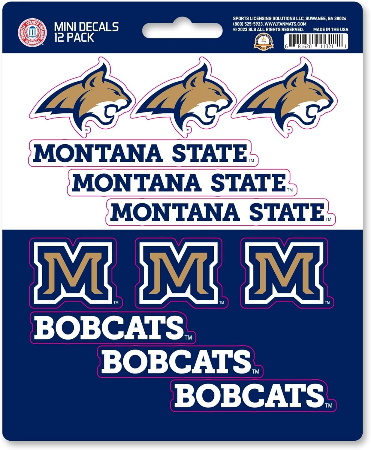 Montana State University Bobcats 12-Piece Mini Decal Sticker Set, 5x6 Inch Sheet, Gift for football fans for any hard surfaces around home, automotive, personal items