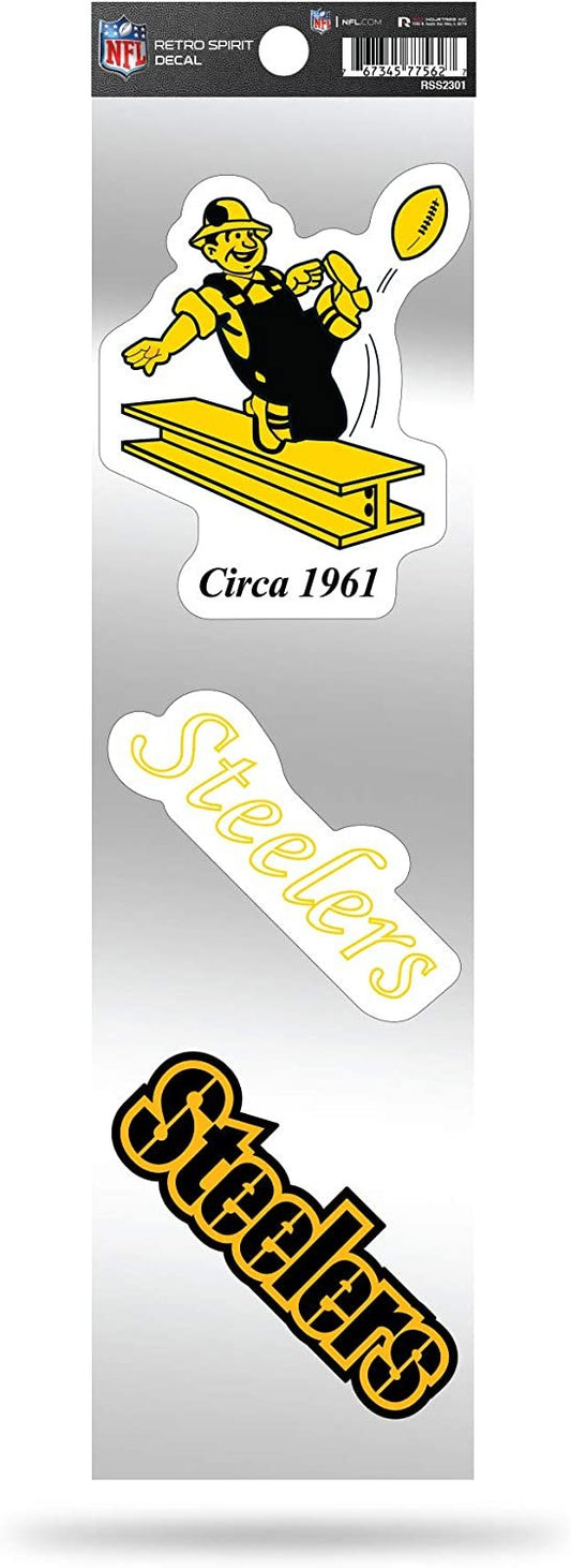 Pittsburgh Steelers 3-Piece Retro Decal Sticker Sheet, Die Cut, Clear Backing, 3x12 Inch