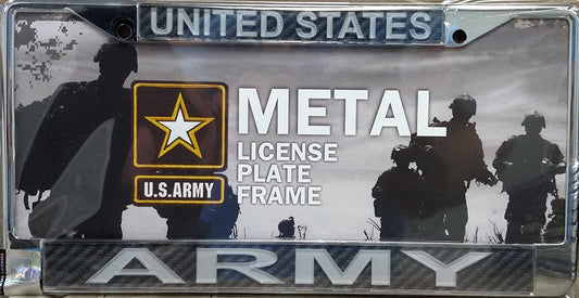 United States Army Military Metal License Plate Frame Chrome Tag Cover, Laser Acrylic Mirrored Inserts, 12x6 Inch