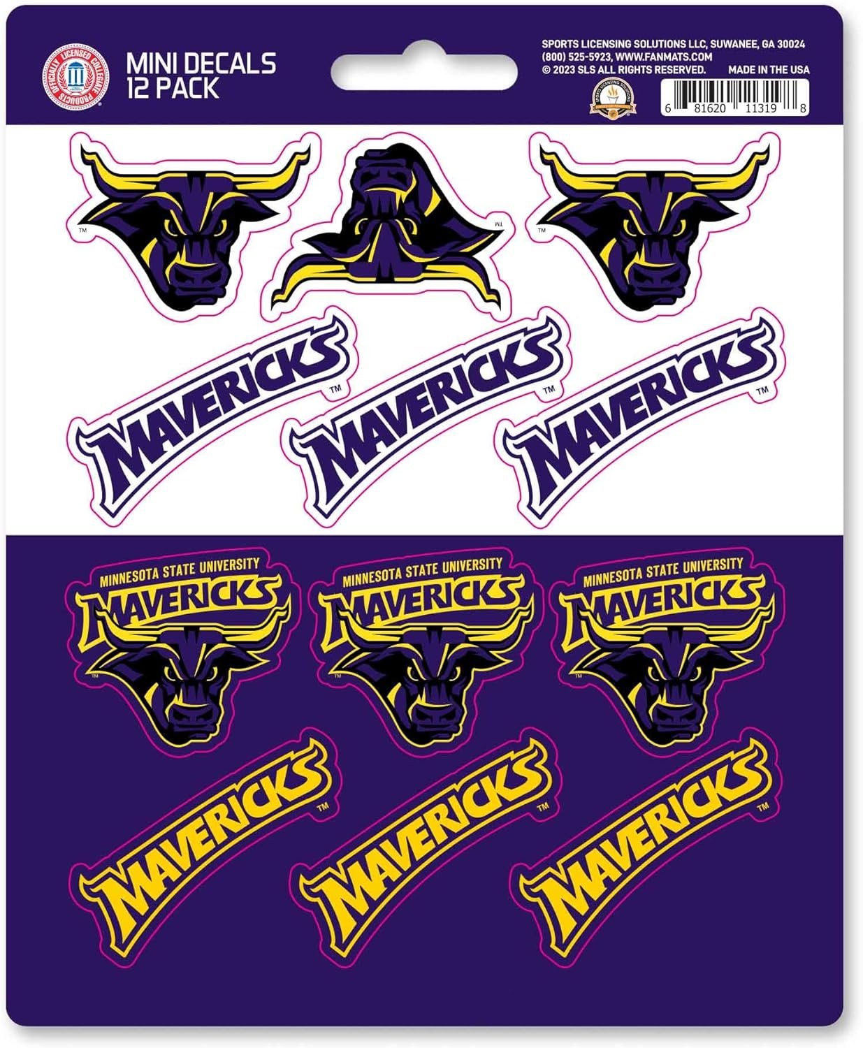 Minnesota State University Mankato Mavericks 12-Piece Mini Decal Sticker Set, 5x6 Inch Sheet, Gift for football fans for any hard surfaces around home, automotive, personal items