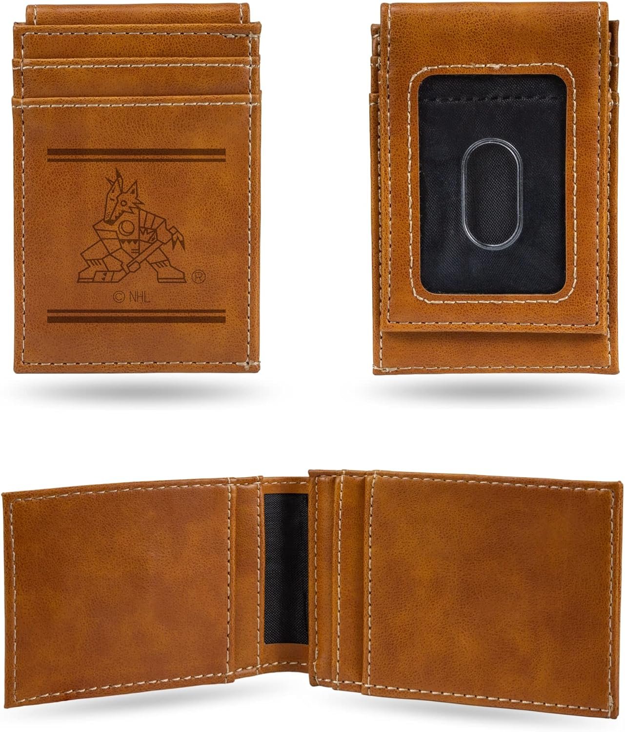 Rico Industries NHL Arizona Coyotes Premium Laser Engraved Vegan Brown Leather Front Pocket Wallet - Compact and Slim yet Sturdy Design - Perfect to Show Your Team Pride or Gift