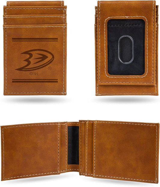 Rico Industries NHL Anaheim Ducks Premium Laser Engraved Vegan Brown Leather Front Pocket Wallet - Compact and Slim yet Sturdy Design - Perfect to Show Your Team Pride or Gift