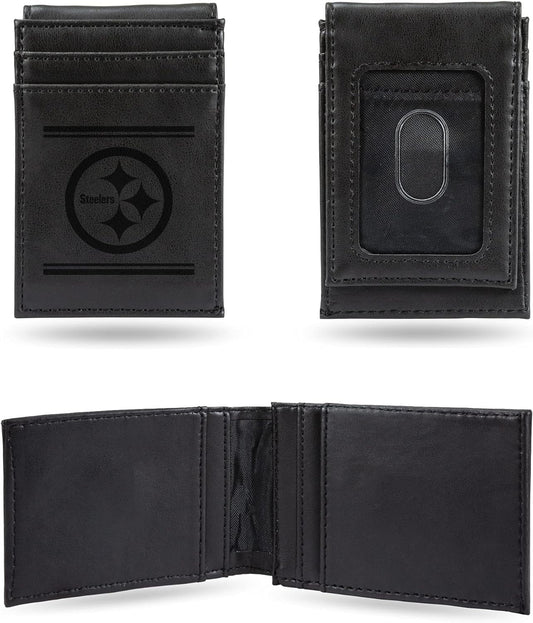 Pittsburgh Steelers Premium Black Leather Wallet, Front Pocket Magnetic Money Clip, Laser Engraved, Vegan