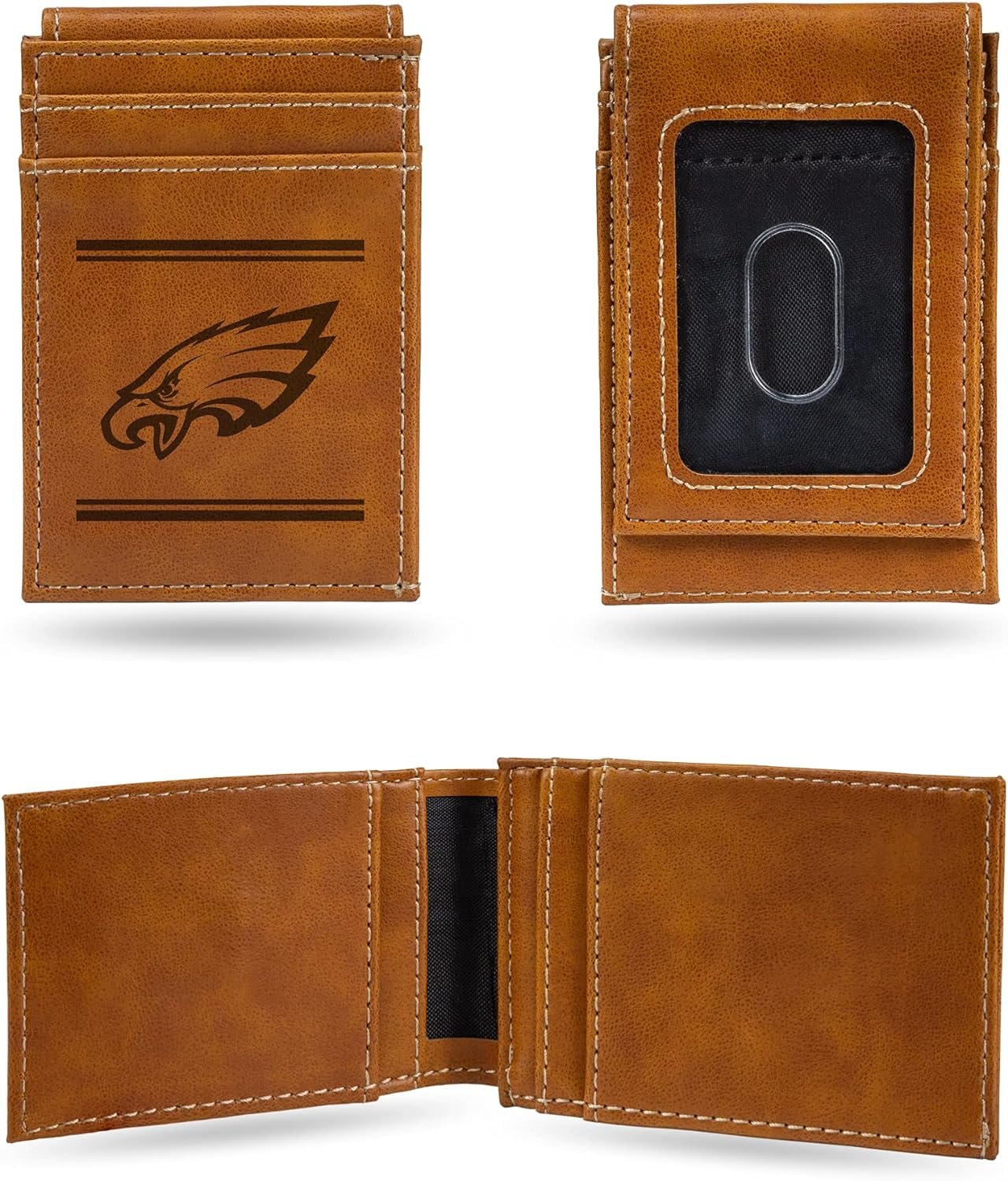 Rico Industries NFL Philadelphia Eagles Premium Laser Engraved Vegan Brown Leather Front Pocket Wallet - Compact and Slim yet Sturdy Design - Perfect to Show Your Team Pride or Gift