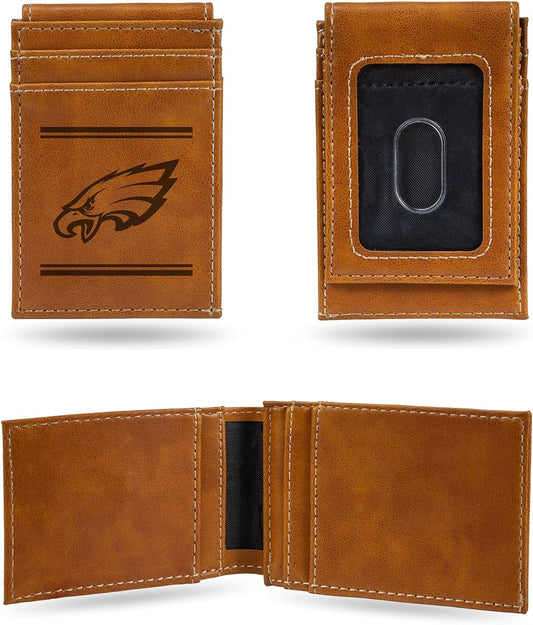 Rico Industries NFL Philadelphia Eagles Premium Laser Engraved Vegan Brown Leather Front Pocket Wallet - Compact and Slim yet Sturdy Design - Perfect to Show Your Team Pride or Gift