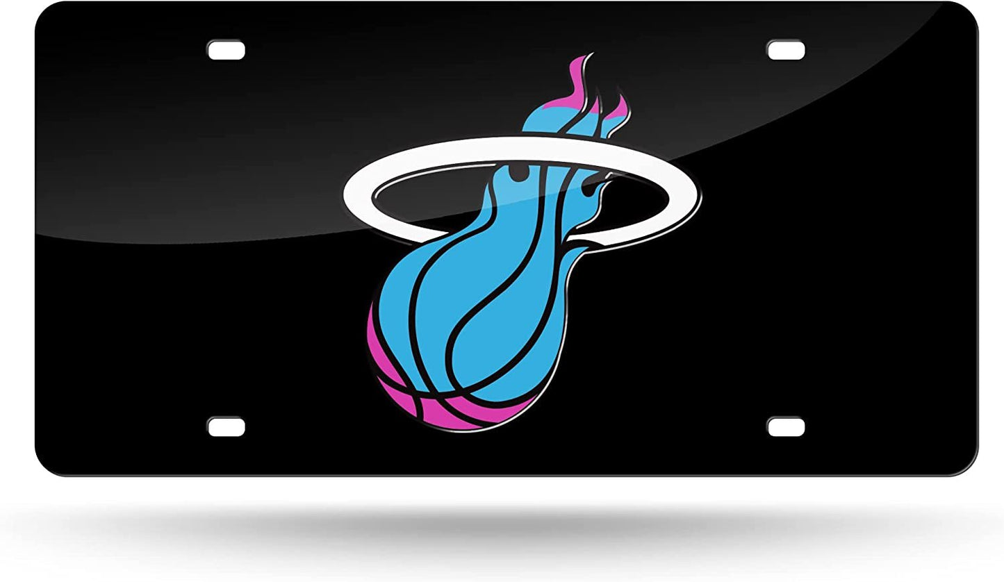 Miami Heat Premium Laser Cut Tag License Plate, City Lights, Black Mirrored Acrylic Inlaid, 12x6 Inch