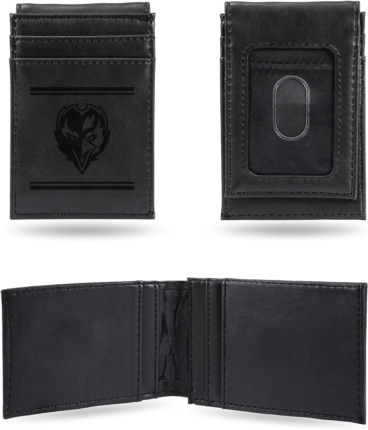 Baltimore Ravens Premium Black Leather Wallet, Front Pocket Magnetic Money Clip, Laser Engraved, Vegan