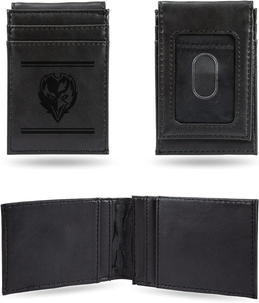 Baltimore Ravens Premium Black Leather Wallet, Front Pocket Magnetic Money Clip, Laser Engraved, Vegan