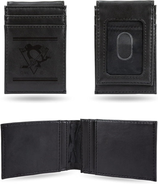 Pittsburgh Penguins Premium Black Leather Wallet, Front Pocket Magnetic Money Clip, Laser Engraved, Vegan