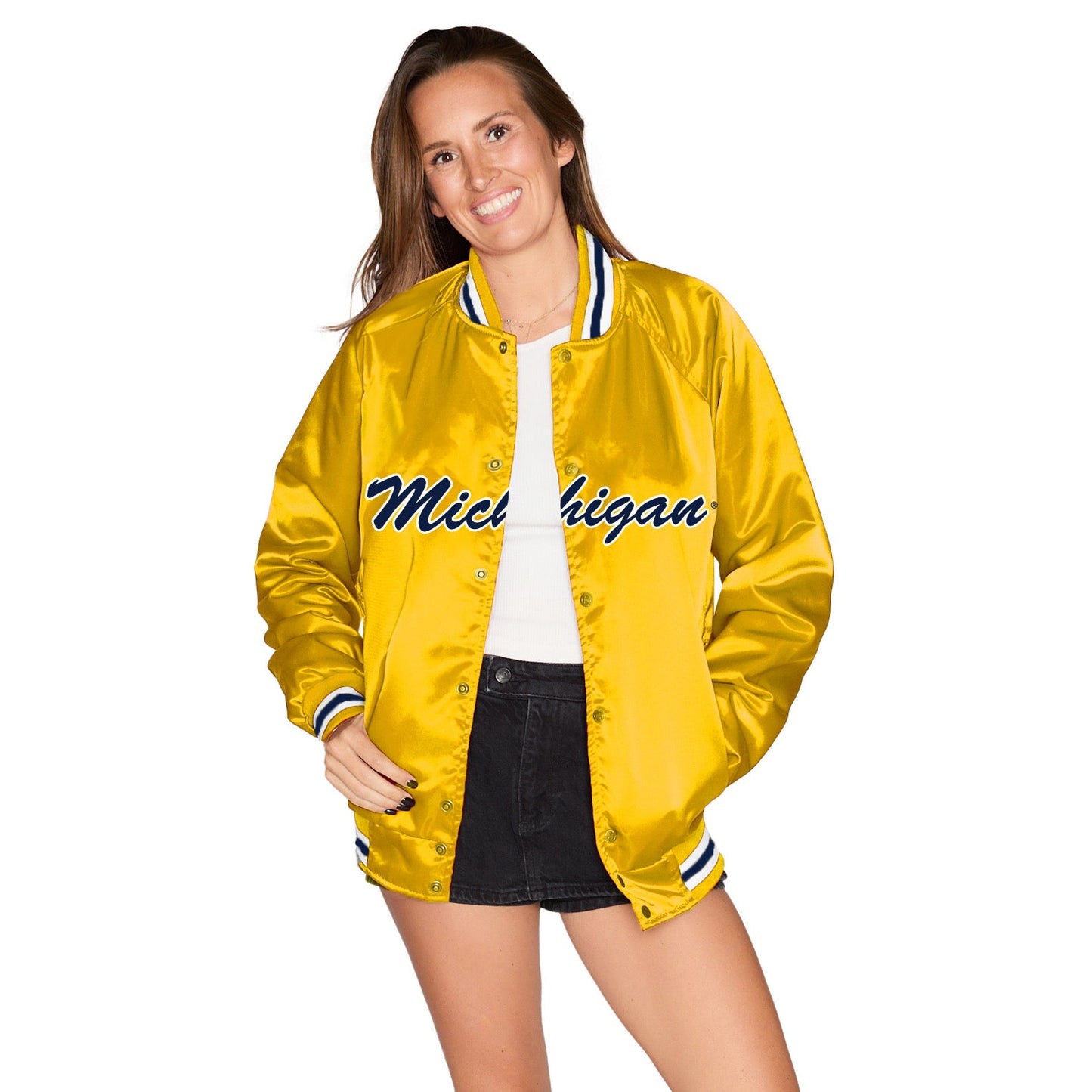 University of Michigan Maize Satin Letterman Bomber Jacket