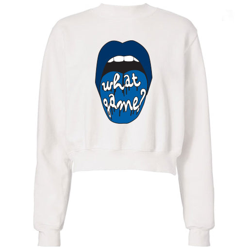 Navy What Game Lips Cropped Sweatshirt