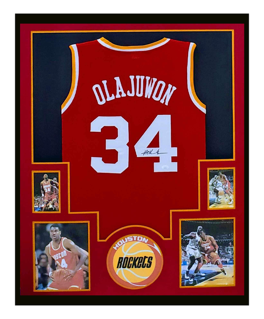 Hakeem Olajuwon Autographed Jersey Framed 35x43 Houston Rocketts JSA COA