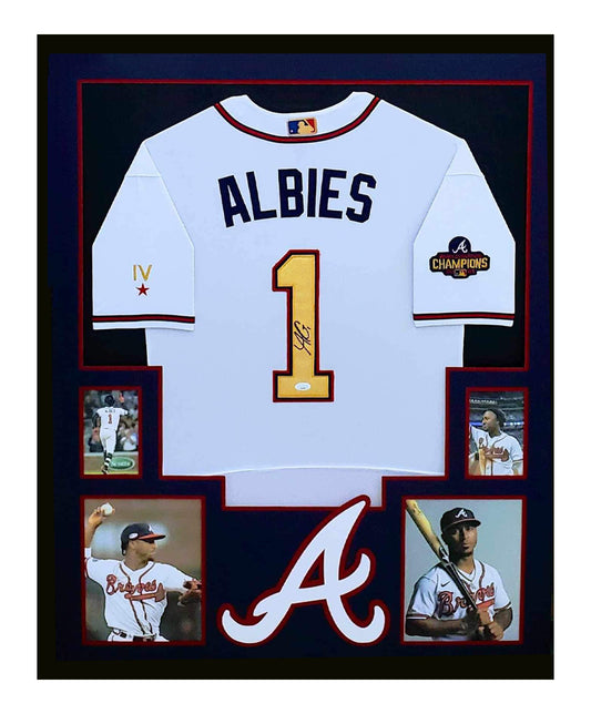 Ozzie Albies Autographed Framed Atlanta Braves Gold Jersey 35x43 JSA COA