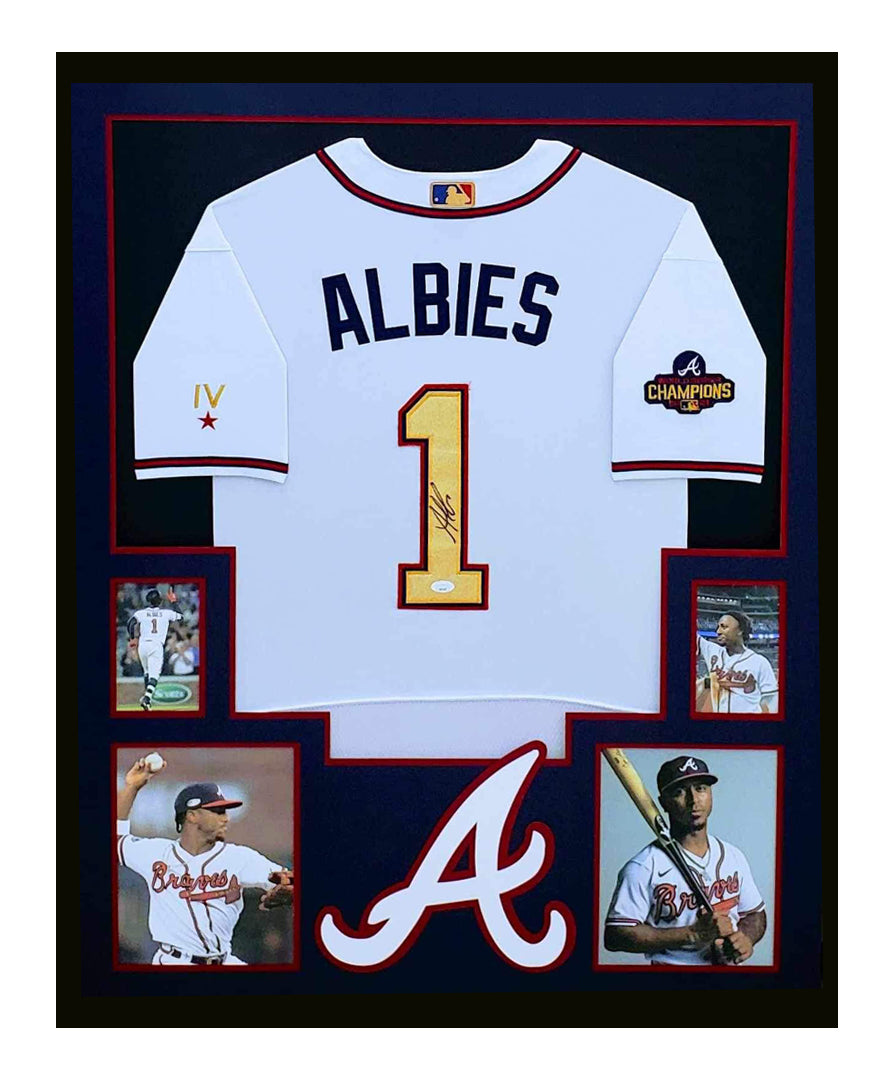 Ozzie Albies Autographed Framed Atlanta Braves Gold Jersey 35x43 JSA COA