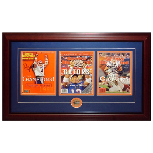 Danny Wuerffel, Chris Leak And Tim Tebow Autographed Florida Gators (National Champs Commemorative) Sports Illustrated Triple Frame