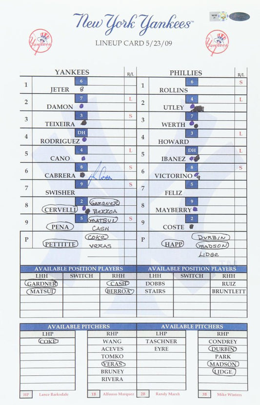 Melky Cabrera Signed Yankees 11x17 Lineup Card (Steiner & MLB)