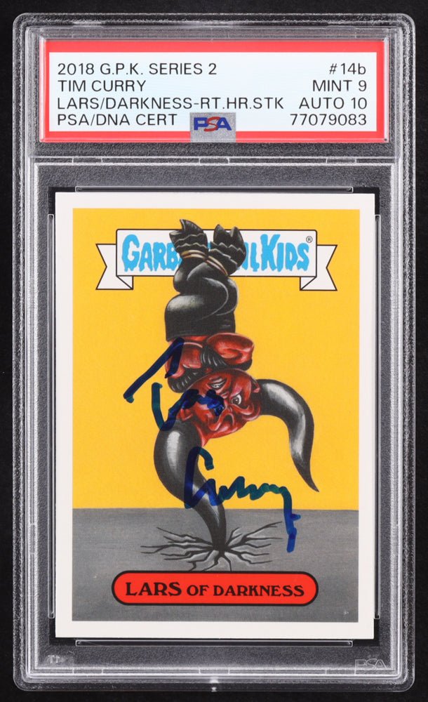 Tim Curry Signed 2018 Topps Garbage Pail Kids Oh The Horror-ible! #RH14b Lars of Darkness (PSA 9 | Auto 10)