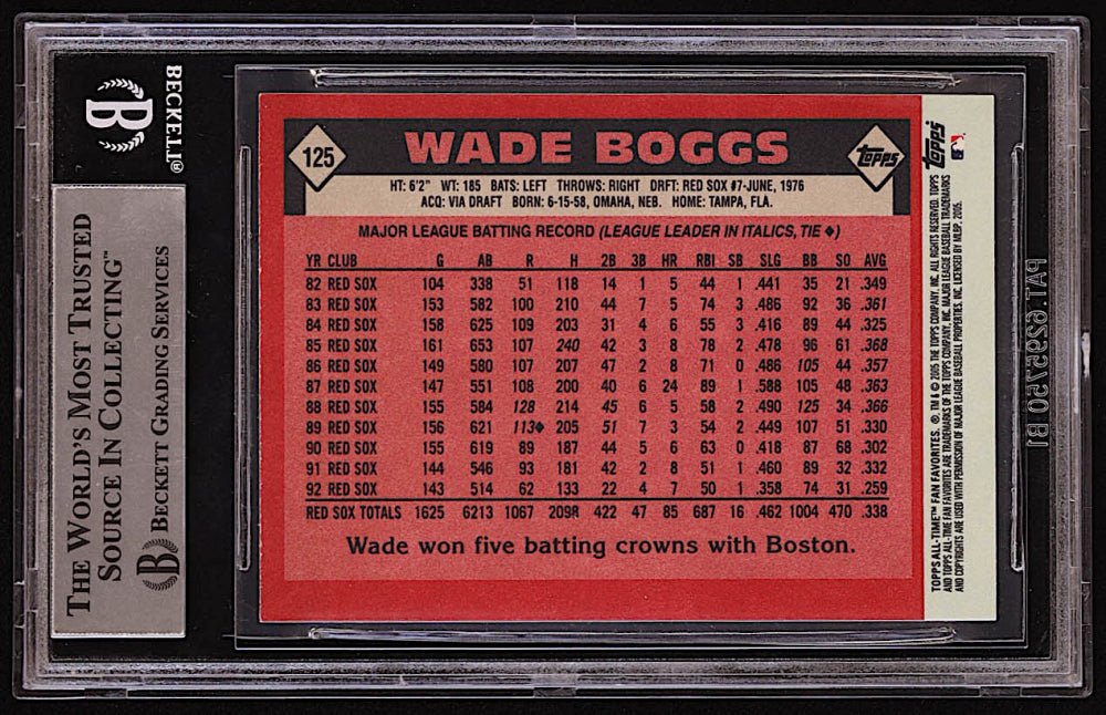 Wade Boggs Boston Red Sox, HOF Signed 2005 Topps All-Time Fan Favorites #125 (BGS) Beckett