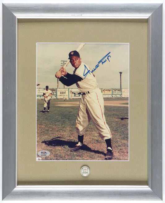 Willie Mays Signed Giants Custom Framed Photo Display with Vintage 1955 Giants Pin (PSA)