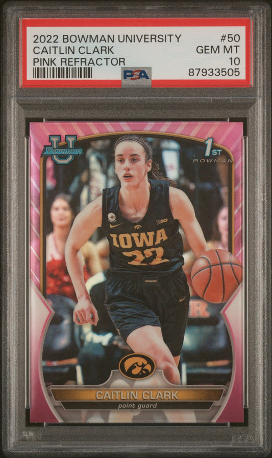 Graded 2022 Topps Bowman University Caitlin Clark #50 Pink Refractor Rookie RC Basketball Card PSA 10 Gem Mint