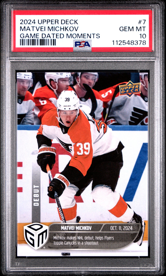 Graded 2024 Upper Deck Matvei Michkov #7 Game Dated Moments Rookie RC Hockey Card PSA 10 Gem Mint