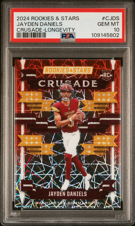 Graded 2024 Panini Rookies & Stars Jayden Daniels #CJDS Crusade Longevity Rookie RC Football Card PSA 10 Gem Mint
