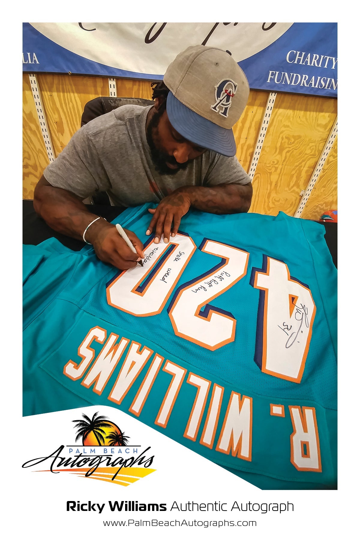 Ricky Williams Autographed Miami (Teal #420) Custom Jersey w/ "Puff, Puff, Run ", "Smoke Weed Everyday" - JSA