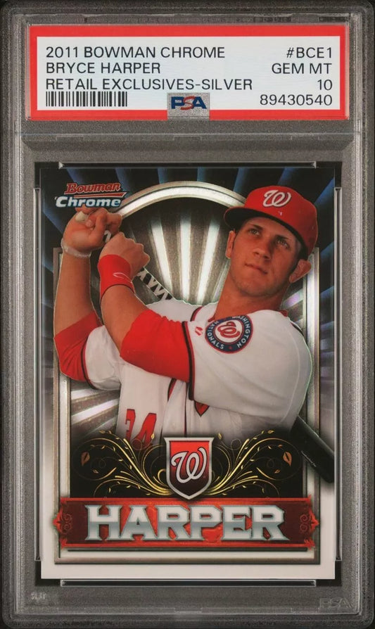 Graded 2011 Topps Bowman Chrome Bryce Harper #BCE1 Retail Exclusives Silver Rookie RC Baseball Card PSA 10 Gem Mint