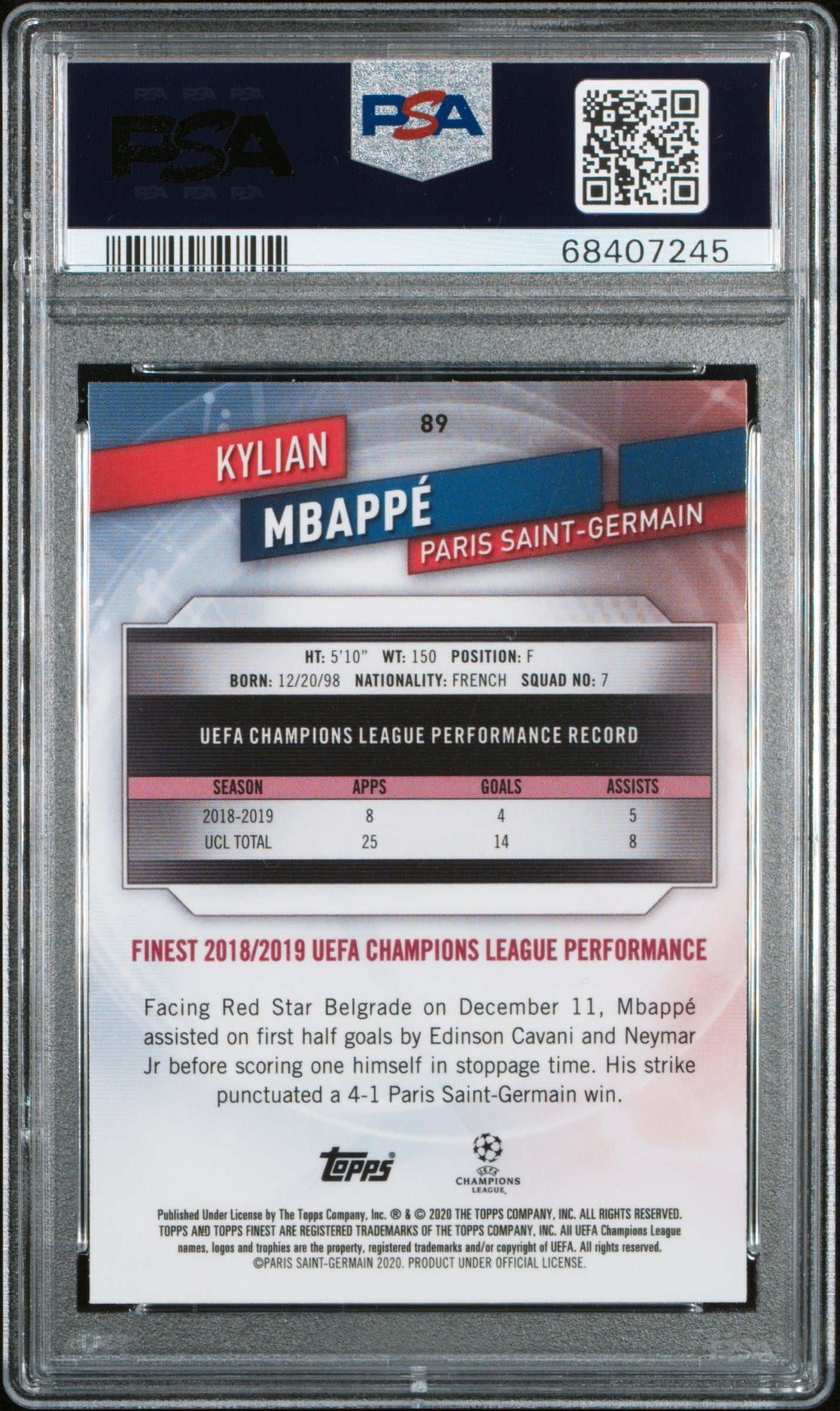 Graded 2019 Topps Finest UCL Kylian Mbappe #89 Soccer Card PSA 10 Gem Mint
