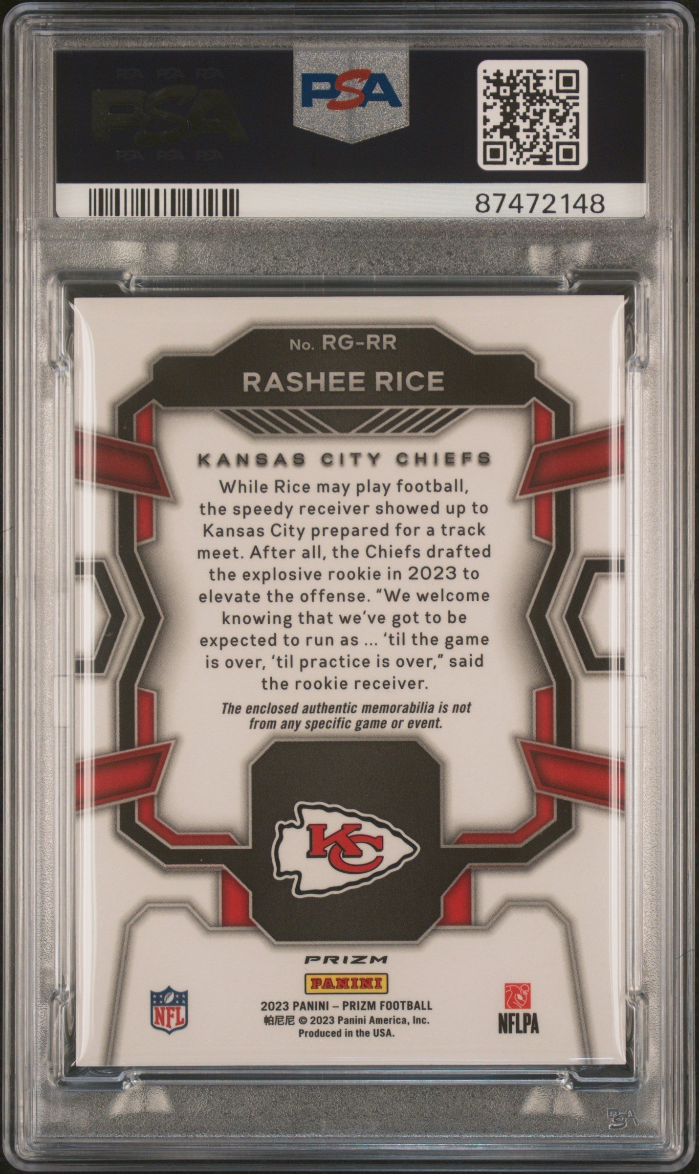 Graded 2023 Panini Prizm Rashee Rice #RGRR Rookie Gear Neon Green Pulsar Rookie RC Football Card PSA 10 Gem Mint