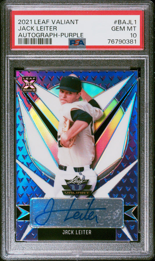 Graded 2021 Leaf Valiant Jack Leiter #BAJL1 Autograph Purple #/50 Rookie RC Baseball Card PSA 10 Gem Mint