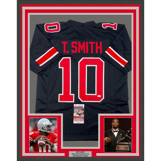 Framed Autographed/Signed Troy Smith Heisman 35x39 06 Ohio State Black College Football Jersey JSA COA