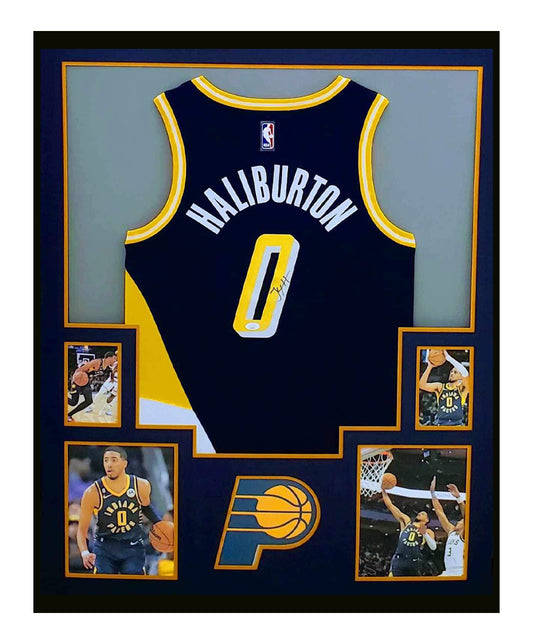 Tyrese Haliburton Autographed Jersey Framed 35x43 Indiana Pacers Alternate Jersey JSA COA