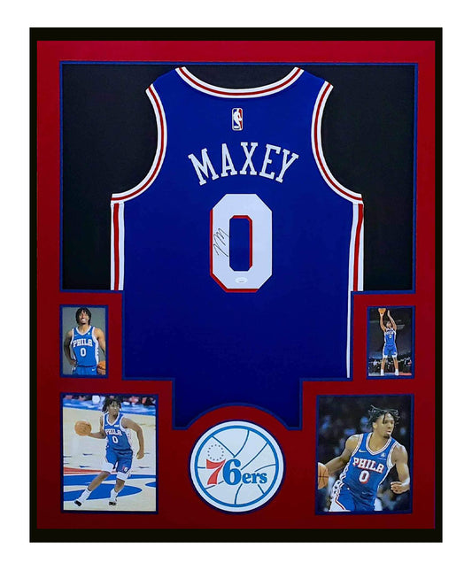 Tyrese Maxey Autographed Jersey Framed 35x43 Philadelphia 76ers Blue Jersey JSA COA