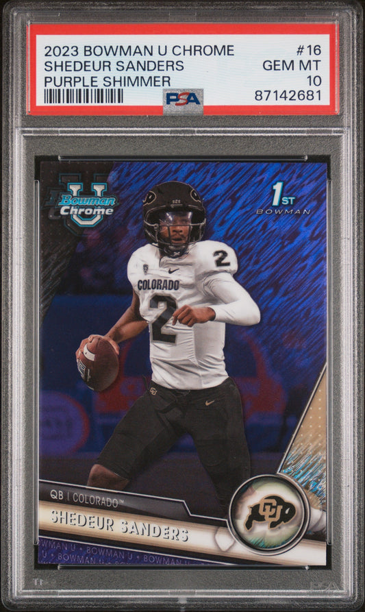 Graded 2023 Topps Bowman U Chrome Shedeur Sanders #16 Purple Shimmer Rookie RC Football Card PSA 10 Gem Mint