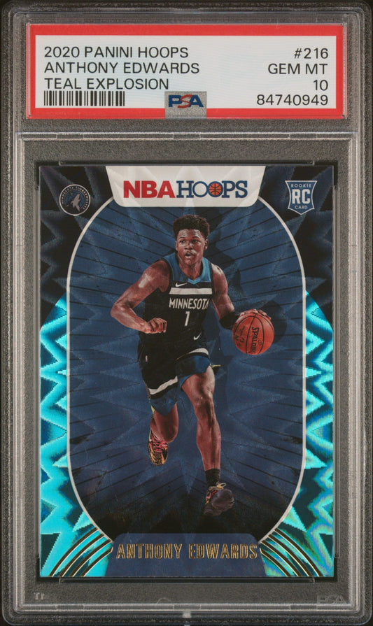 Graded 2020-21 Panini Hoops Anthony Edwards #216 Teal Explosion Rookie RC Basketball Card PSA 10 Gem Mint