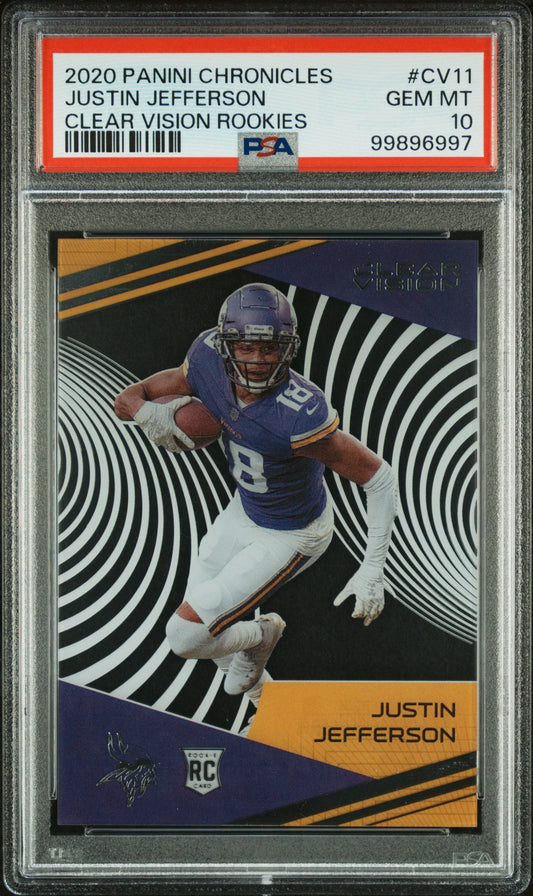 Graded 2020 Panini Chronicles Justin Jefferson #CV11 Clear Vision Rookies Rookie RC Football Card PSA 10 Gem Mint