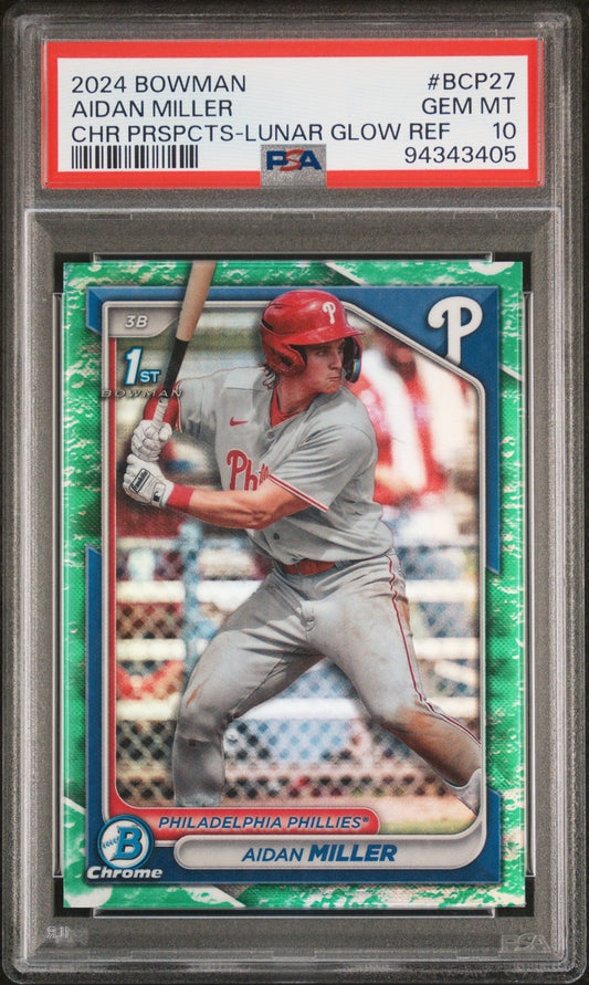Graded 2024 Topps Bowman Aidan Miller #BCP27 Chrome Prospects Lunar Glow Refractor Rookie RC Baseball Card PSA 10 Gem Mint