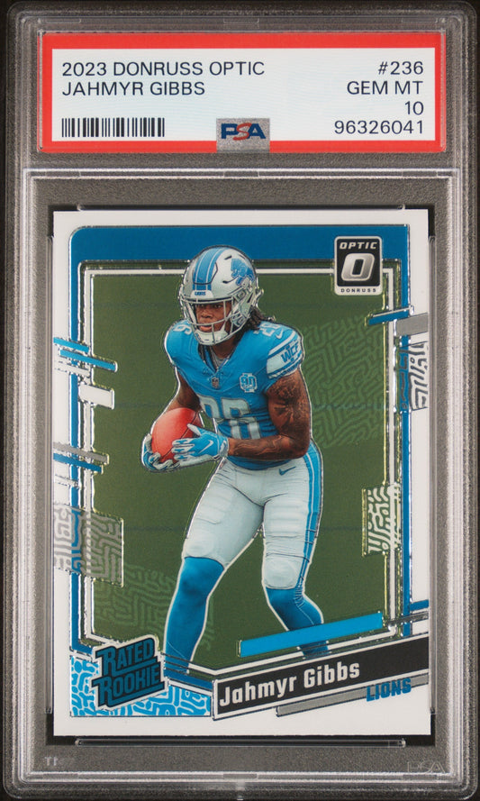 Graded 2023 Panini Donruss Optic Jahmyr Gibbs #236 Rookie RC Football Card PSA 10 Gem Mint